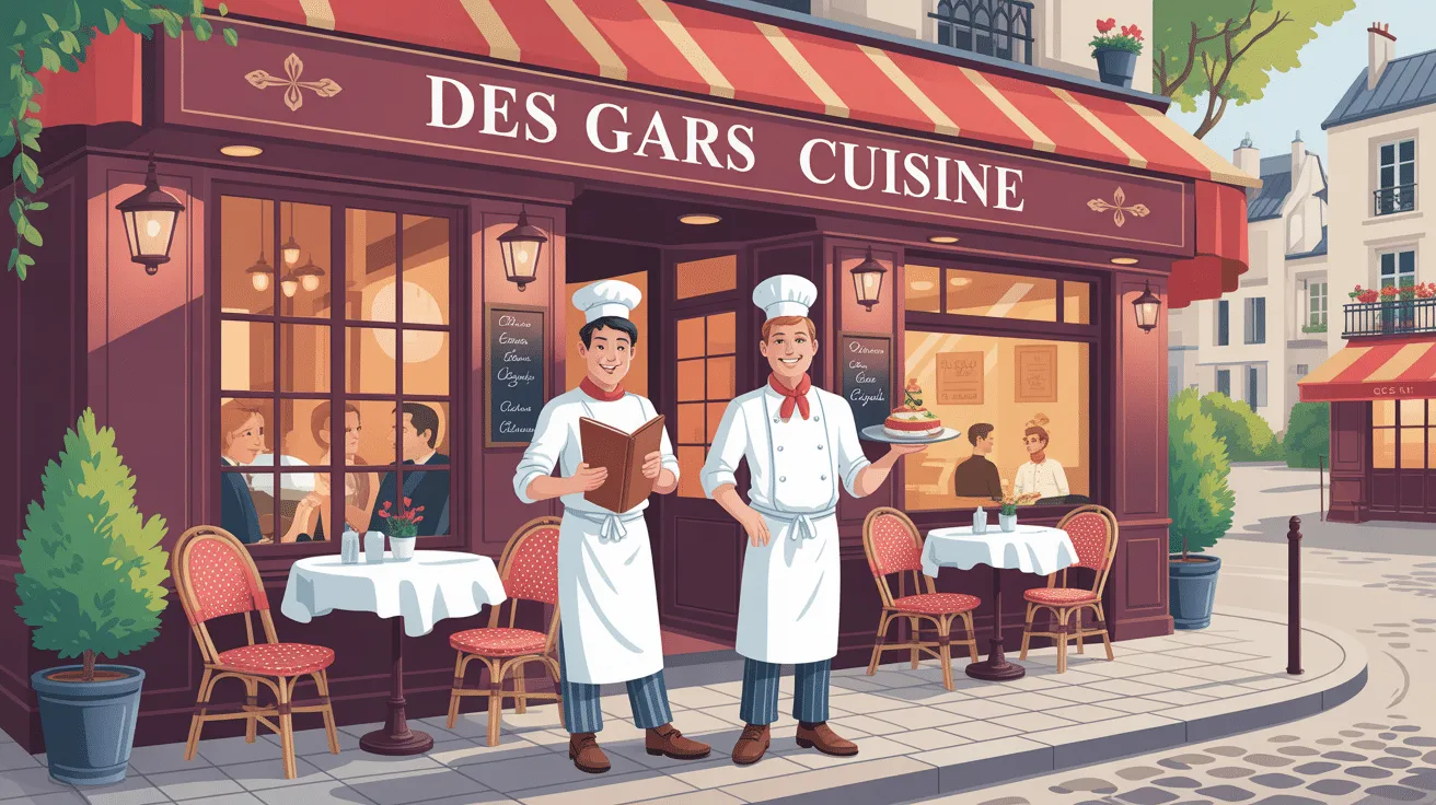 Restaurant français avec chefs souriants à l'extérieur.