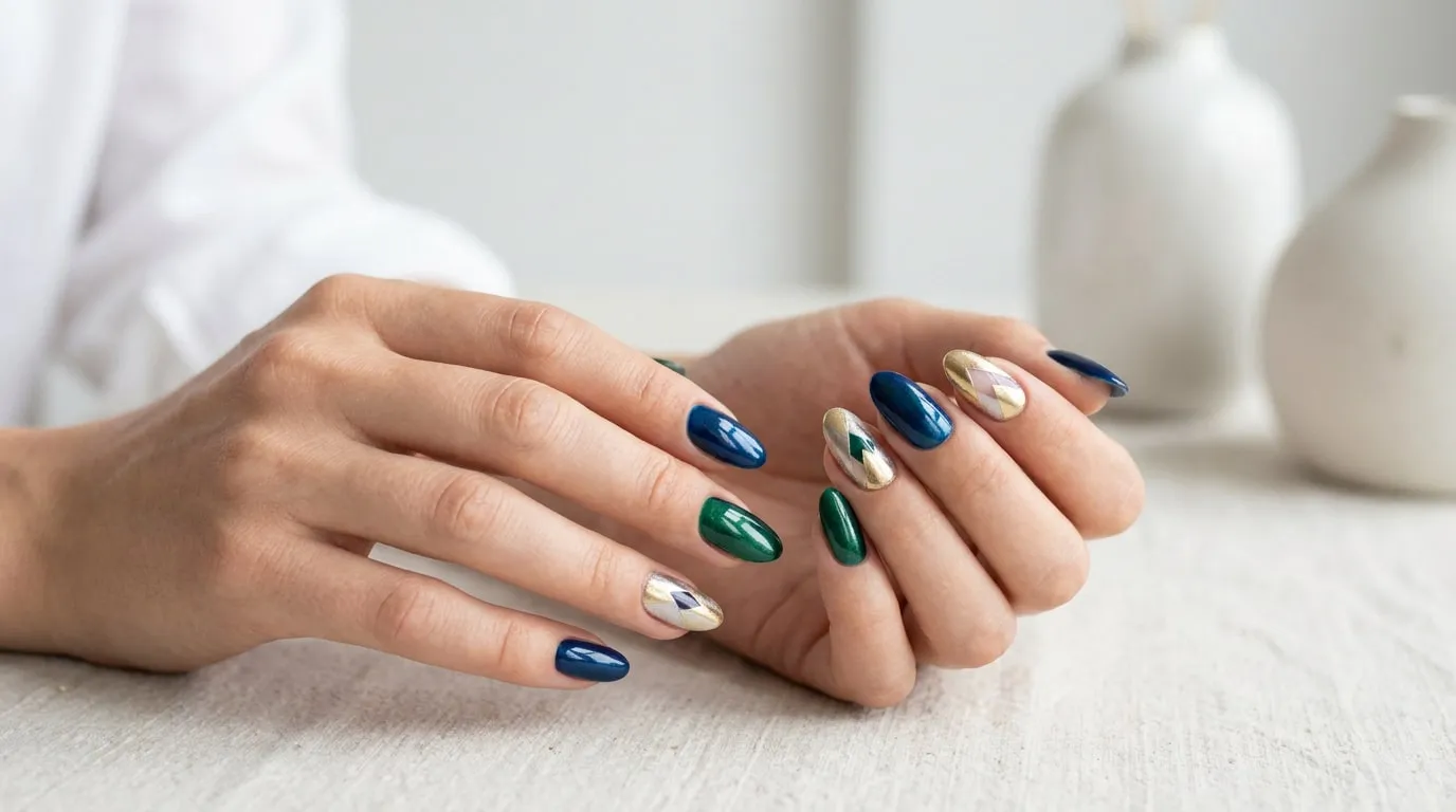 Mains avec une manucure sophistiquée aux tons bleu marine, vert émeraude et accents géométriques dorés sur fond blanc.