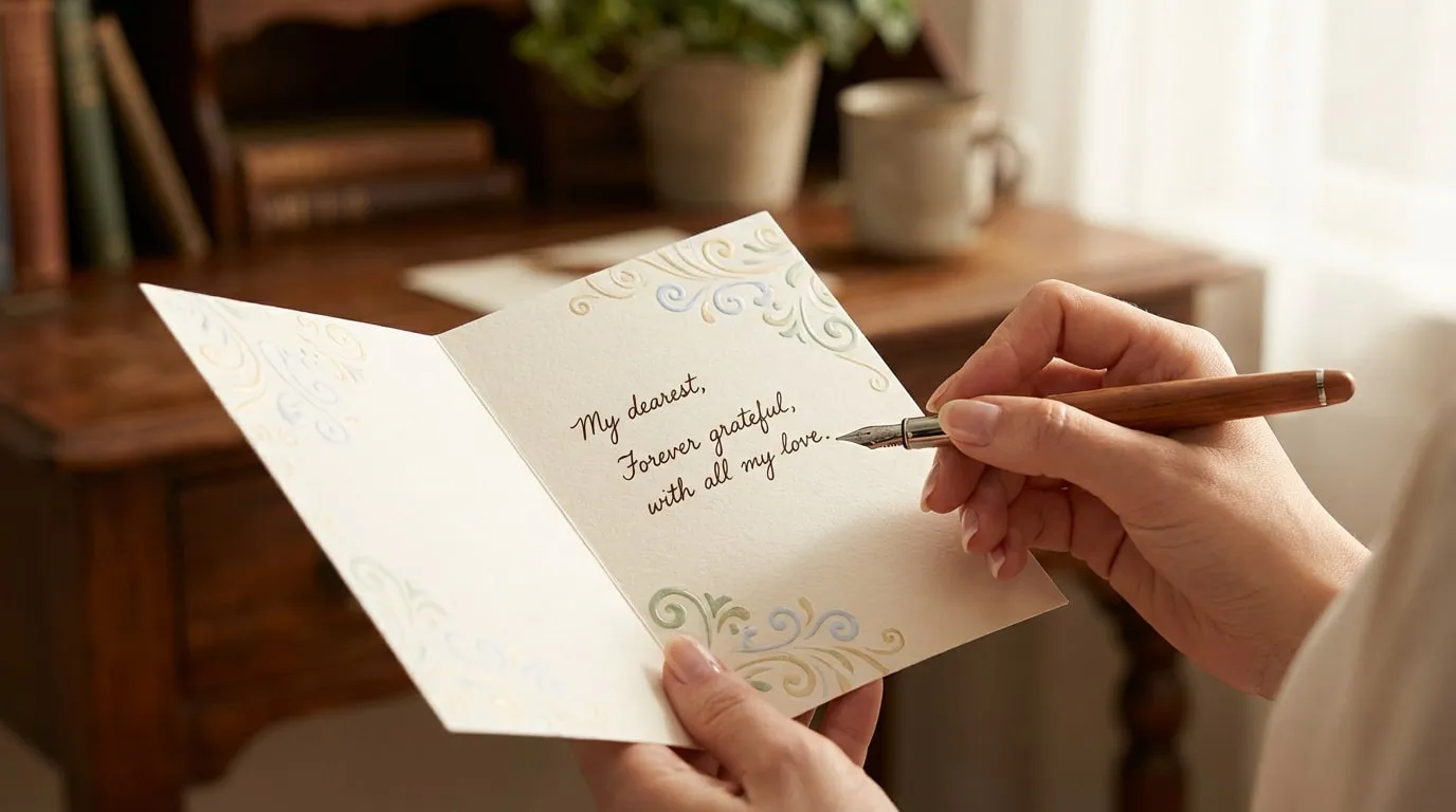 Main féminine écrivant "My dearest, Forever grateful, with all my love" sur une carte de vœux décorée avec un stylo plume.