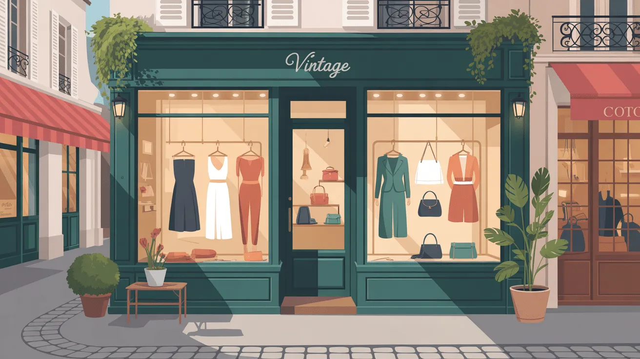 Boutique vintage avec vêtements colorés en vitrine.
