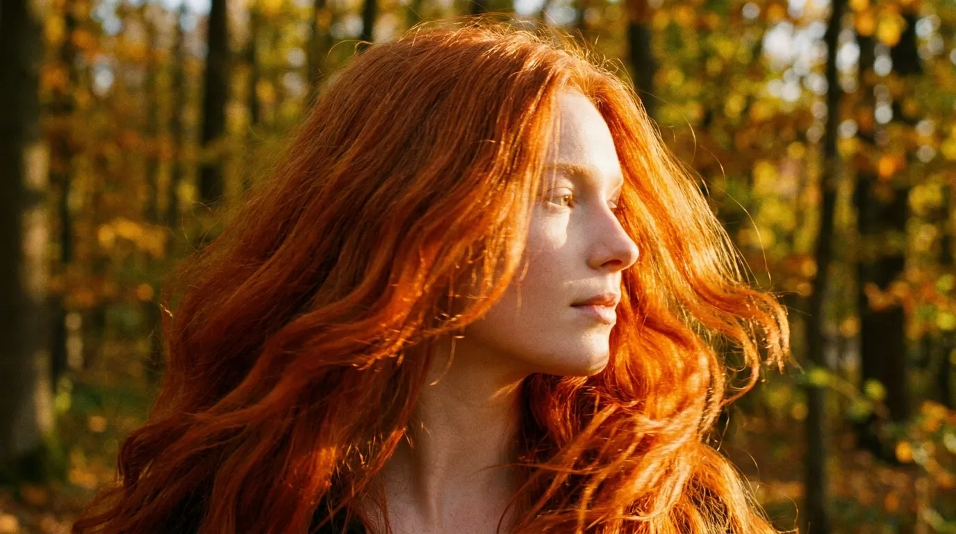 Portrait de profil d'une femme à la longue chevelure rousse ondulée, éclairée par le soleil dans une forêt automnale.