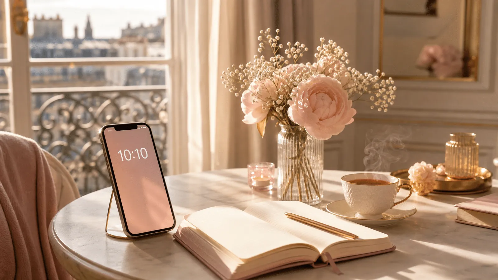 Smartphone affichant 10h10 dans une ambiance lifestyle parisienne