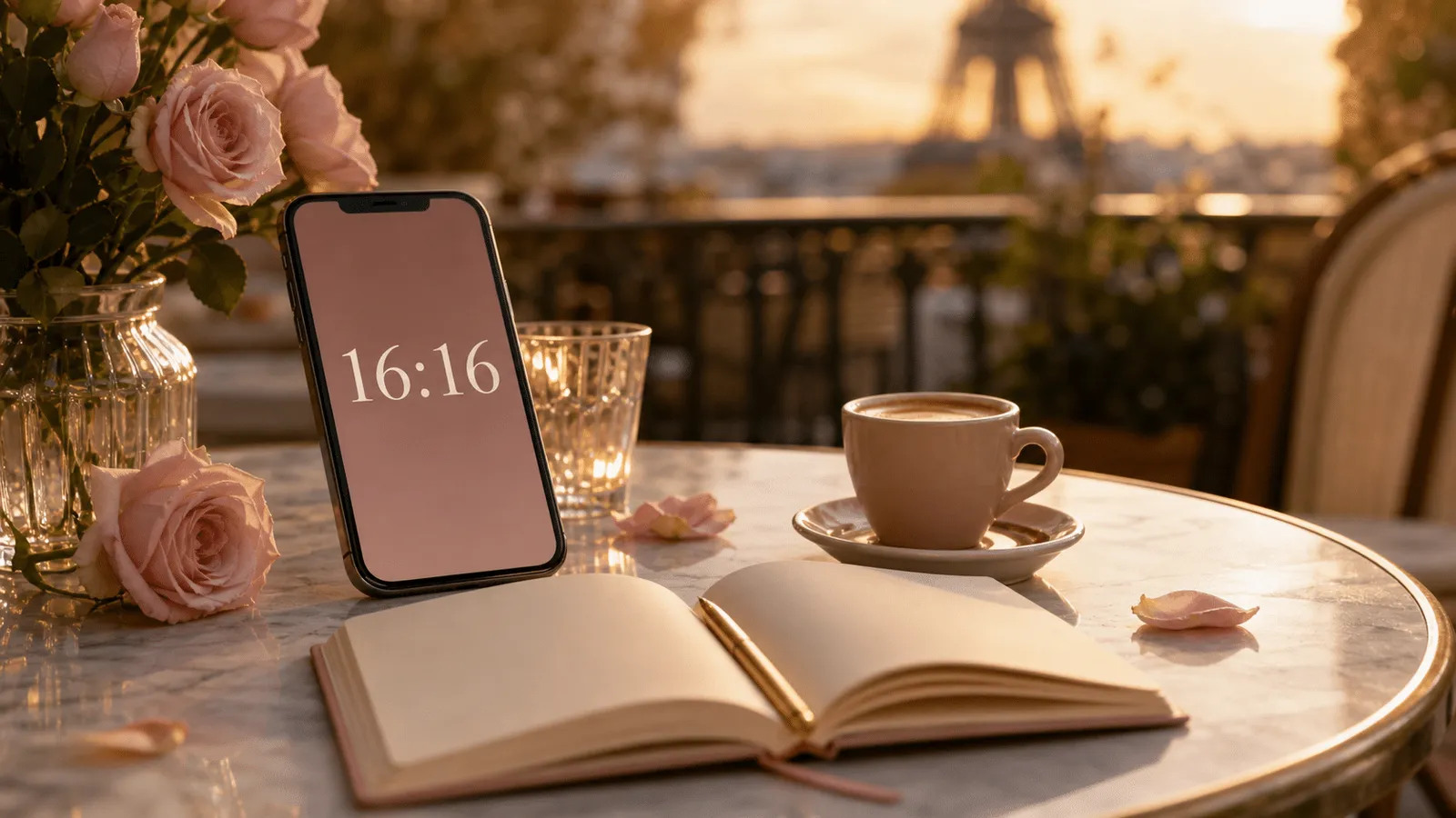 Smartphone affichant 16h16 dans une ambiance lifestyle parisienne