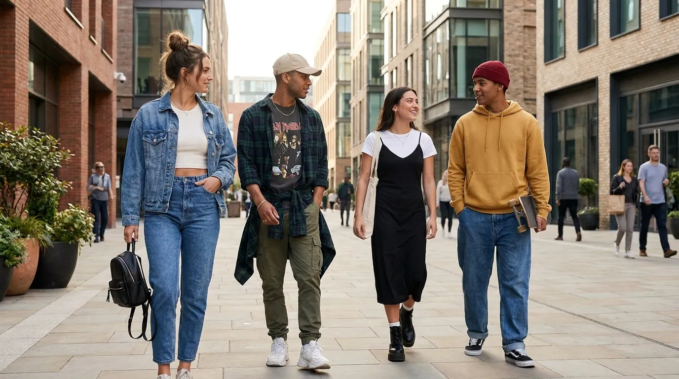 Quatre jeunes amis marchent dans une rue urbaine avec des tenues inspirées de la mode des années 90.