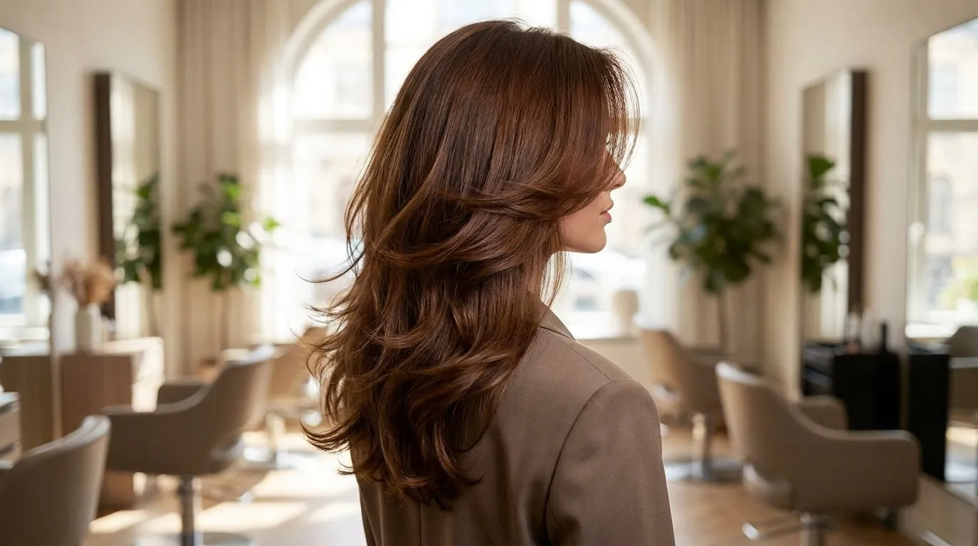 Une femme de profil avec une coupe papillon aux cheveux châtains volumineux et dégradés dans un salon de coiffure chic.
