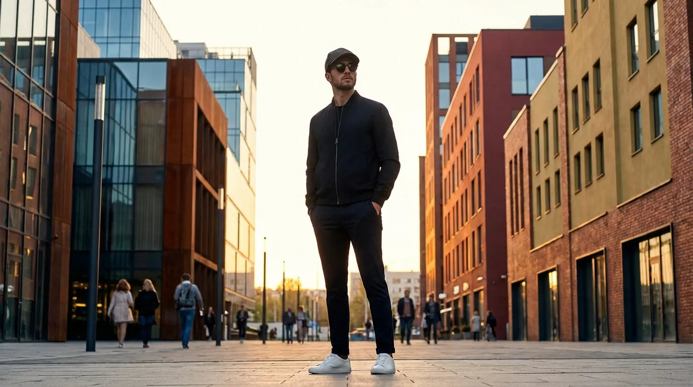 Un homme élégant portant casquette et lunettes, debout au centre d'une rue urbaine moderne au coucher du soleil.