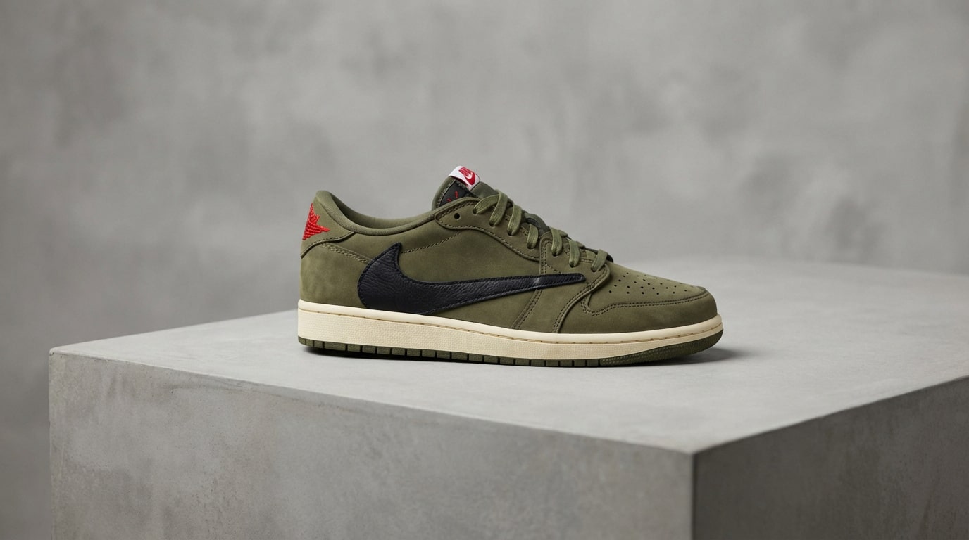Une sneaker Nike Air Jordan 1 Low Travis Scott Olive verte, avec un swoosh noir inversé et une semelle crème, posée sur un bloc de béton.