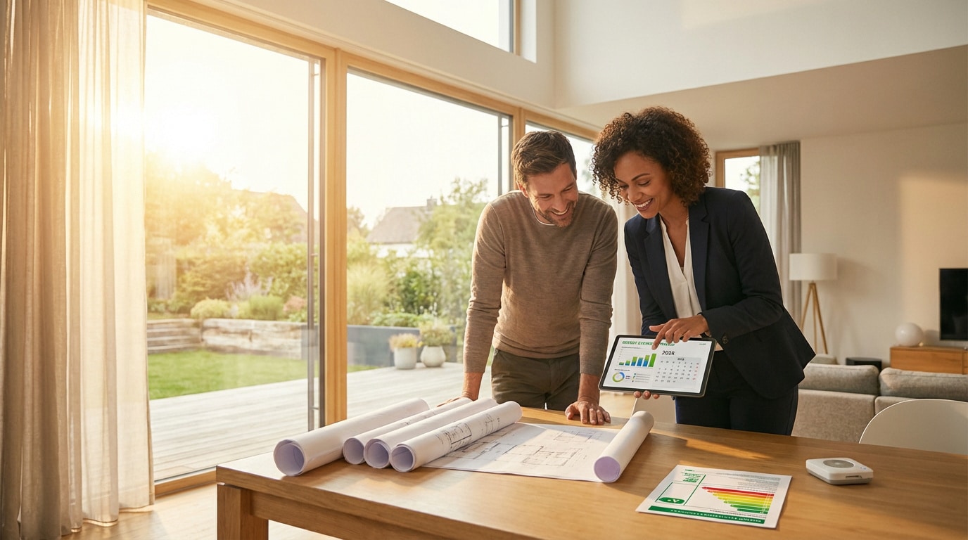 Expert et propriétaire discutent d'un audit thermique, plans et bilan énergétique à l'appui, dans une maison moderne.