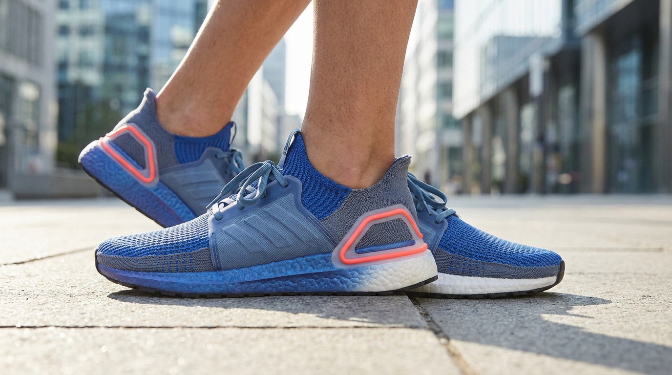 Pieds portant des sneakers bleues et grises avec des accents orange sur un trottoir. Bâtiments urbains flous.