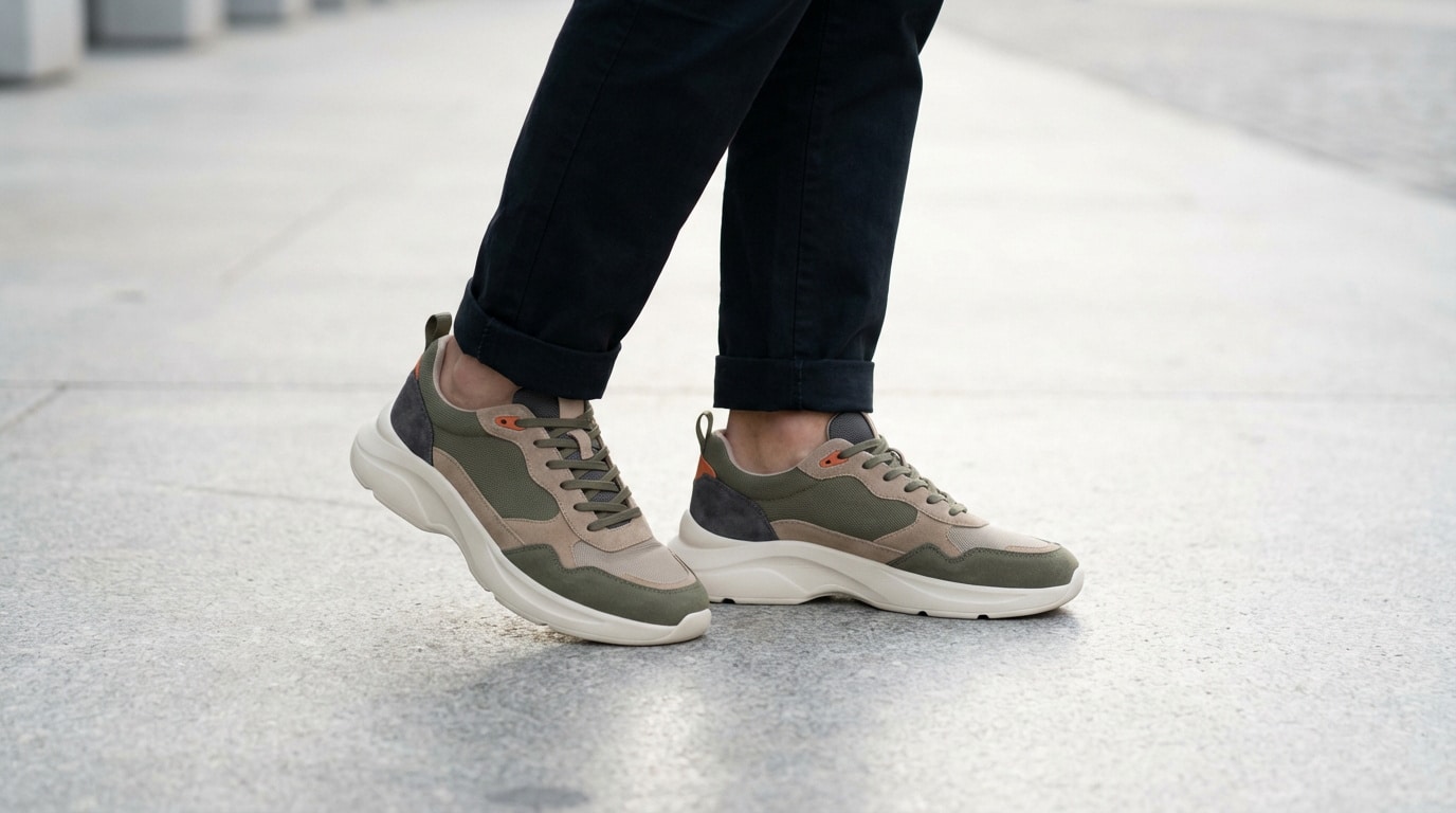 Personne portant des baskets chunky olive, beige et grises avec des semelles épaisses blanches et un pantalon foncé retroussé sur un sol en béton clair.