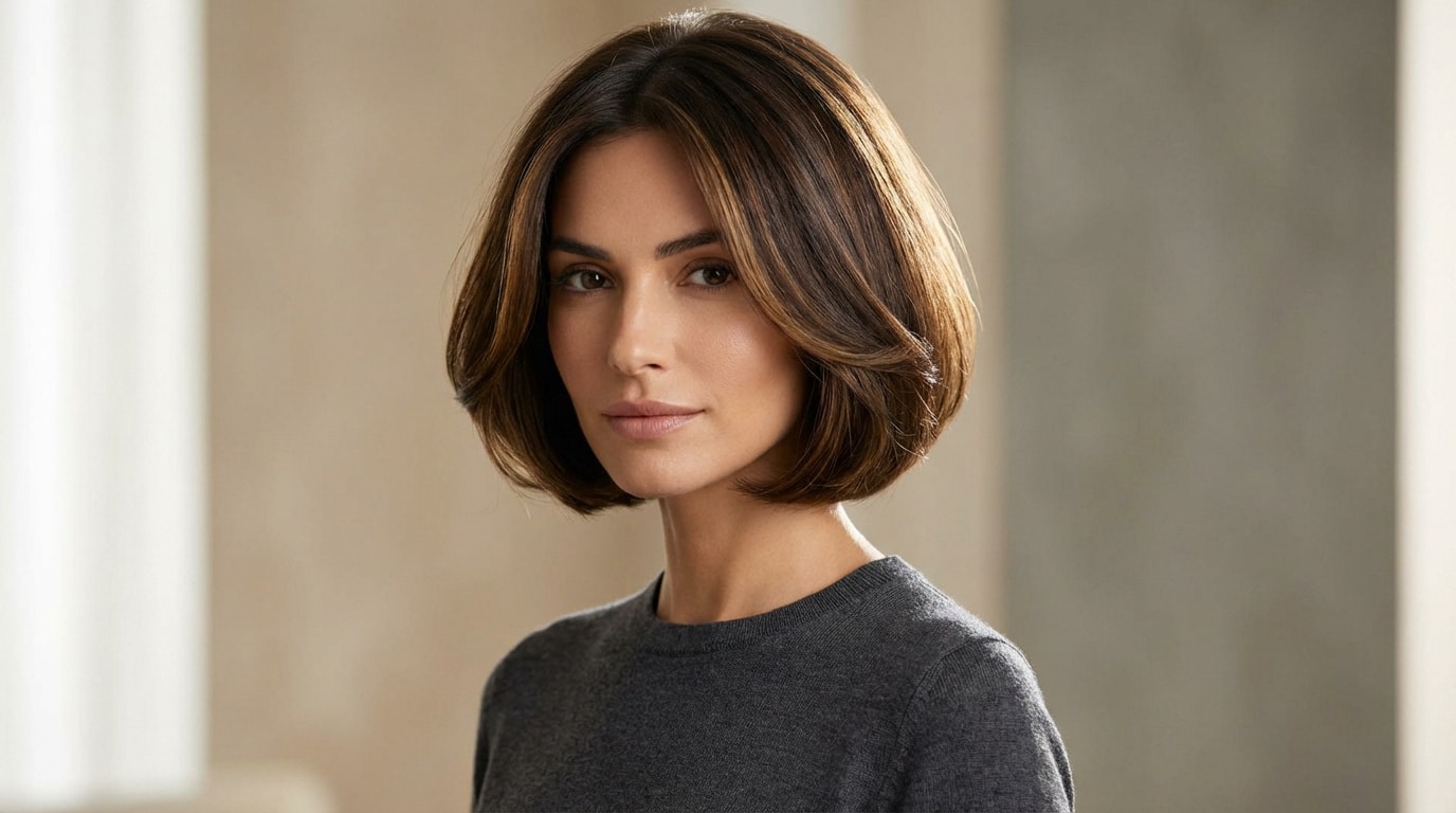 Femme au carré nuque courte et volumineux. Cheveux châtains avec reflets clairs. Regard direct, pull gris.