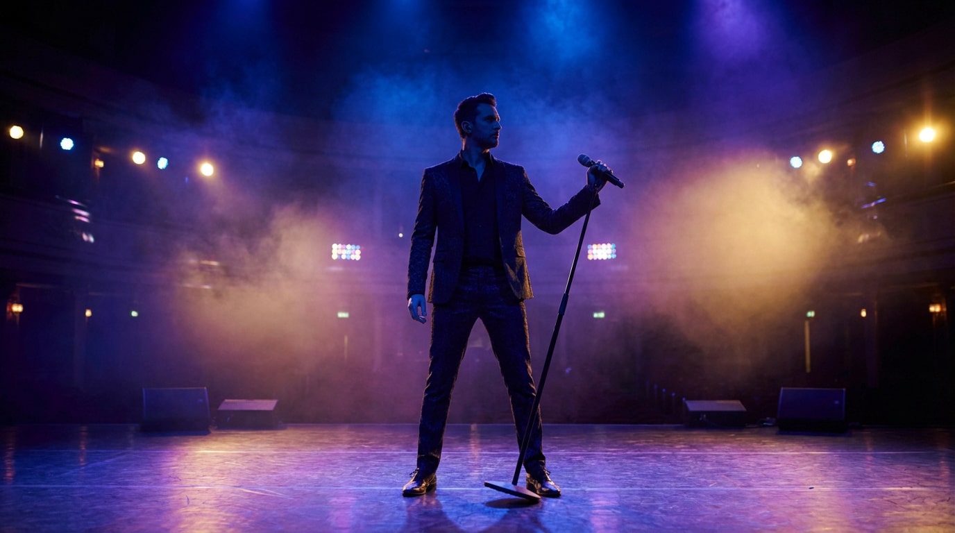 Calogero en costume sombre, debout sur une scène enfumée, tenant un micro, baigné de lumières bleues et violettes.