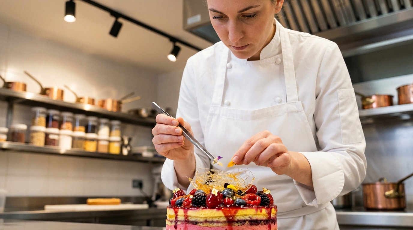 Noémie Honiat en chef décore un gâteau à la mousse et aux fruits rouges avec des fleurs et du sucre filé, dans une cuisine pro.