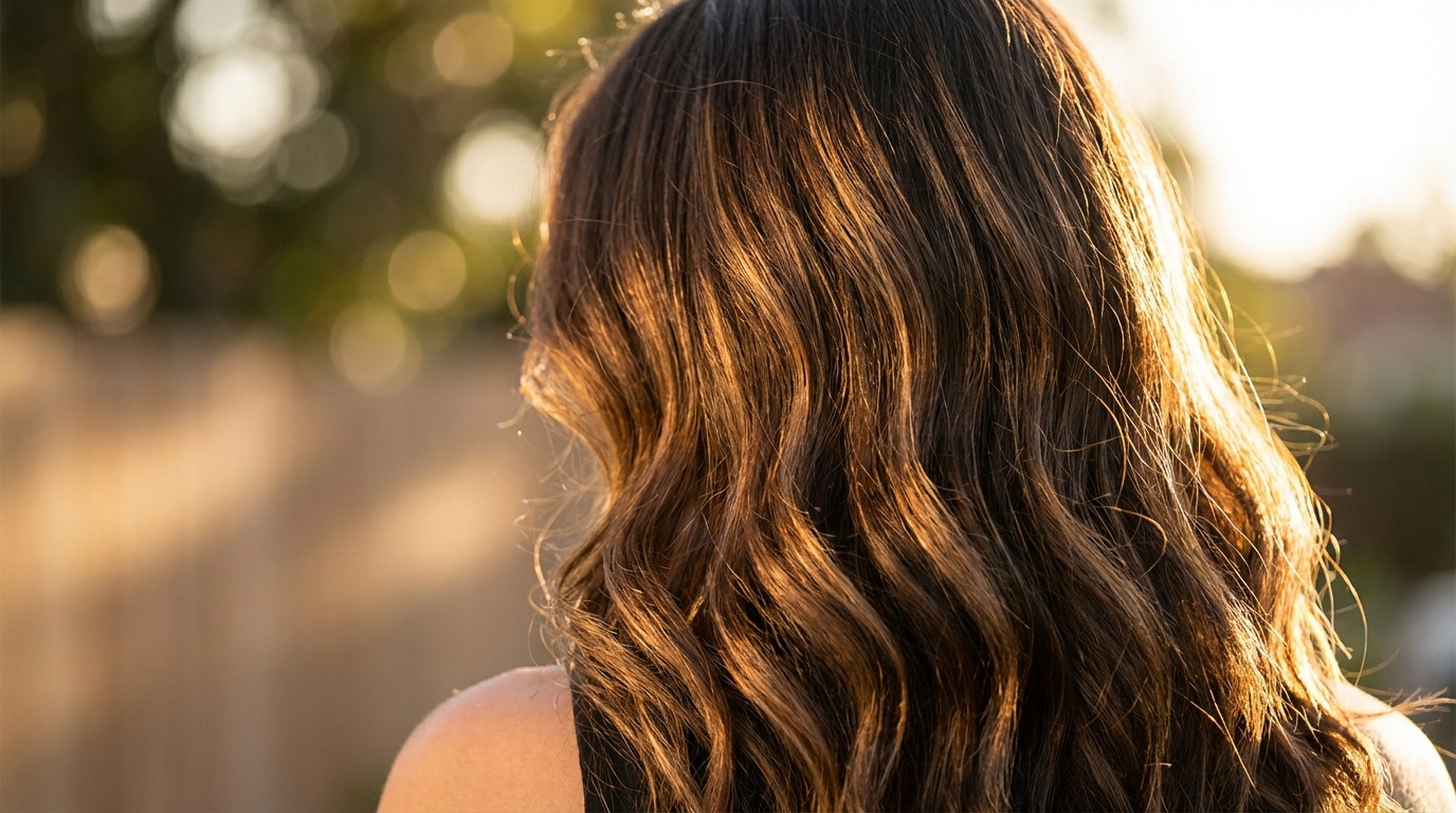 Dos d'une femme aux longs cheveux châtains foncés ondulés, éclaircis par des mèches caramel miel, brillants sous un soleil couchant.