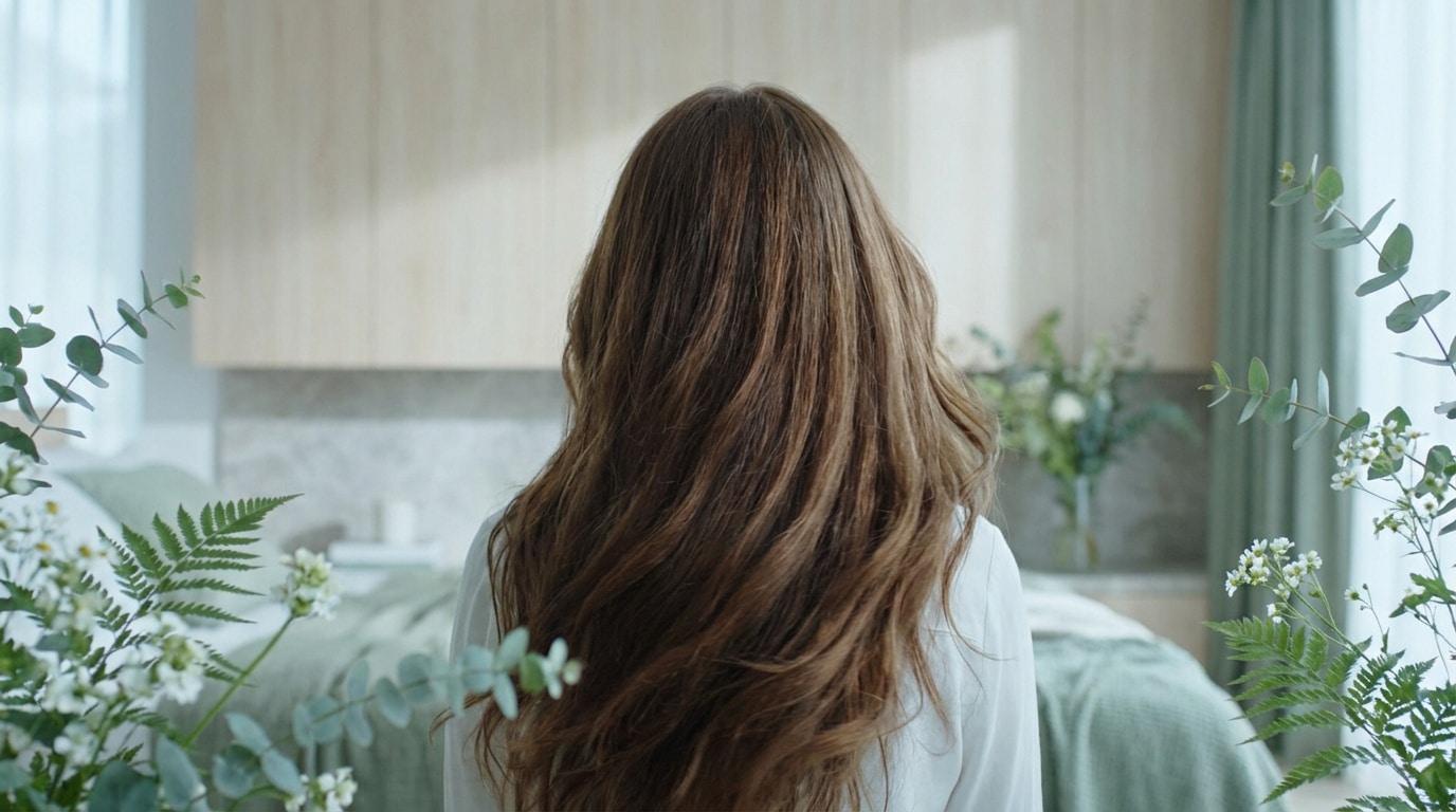 Vue de dos d'une personne aux longs cheveux bruns ondulés et brillants, entourée de feuillage vert et de fleurs blanches dans une pièce lumineuse.