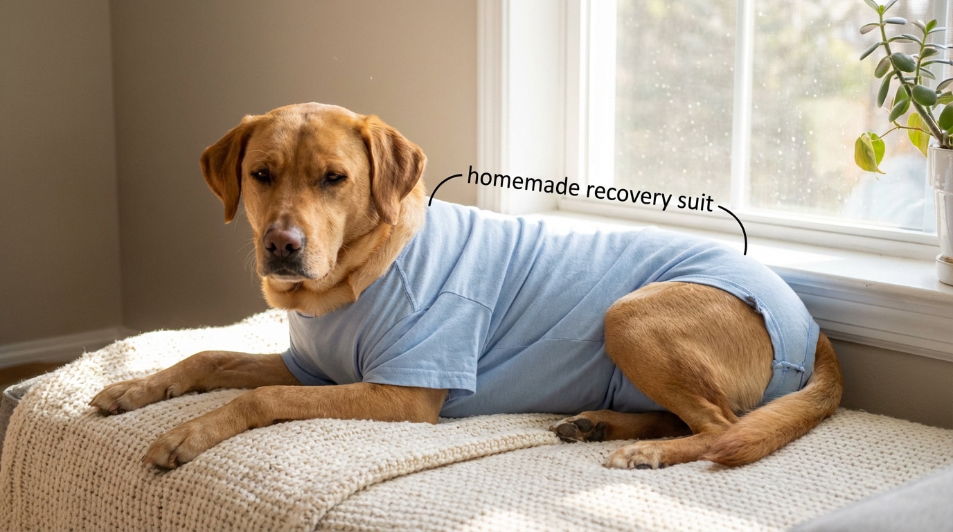 Un labrador doré porte un body de convalescence bleu clair fait maison, allongé sur une couverture près d'une fenêtre.