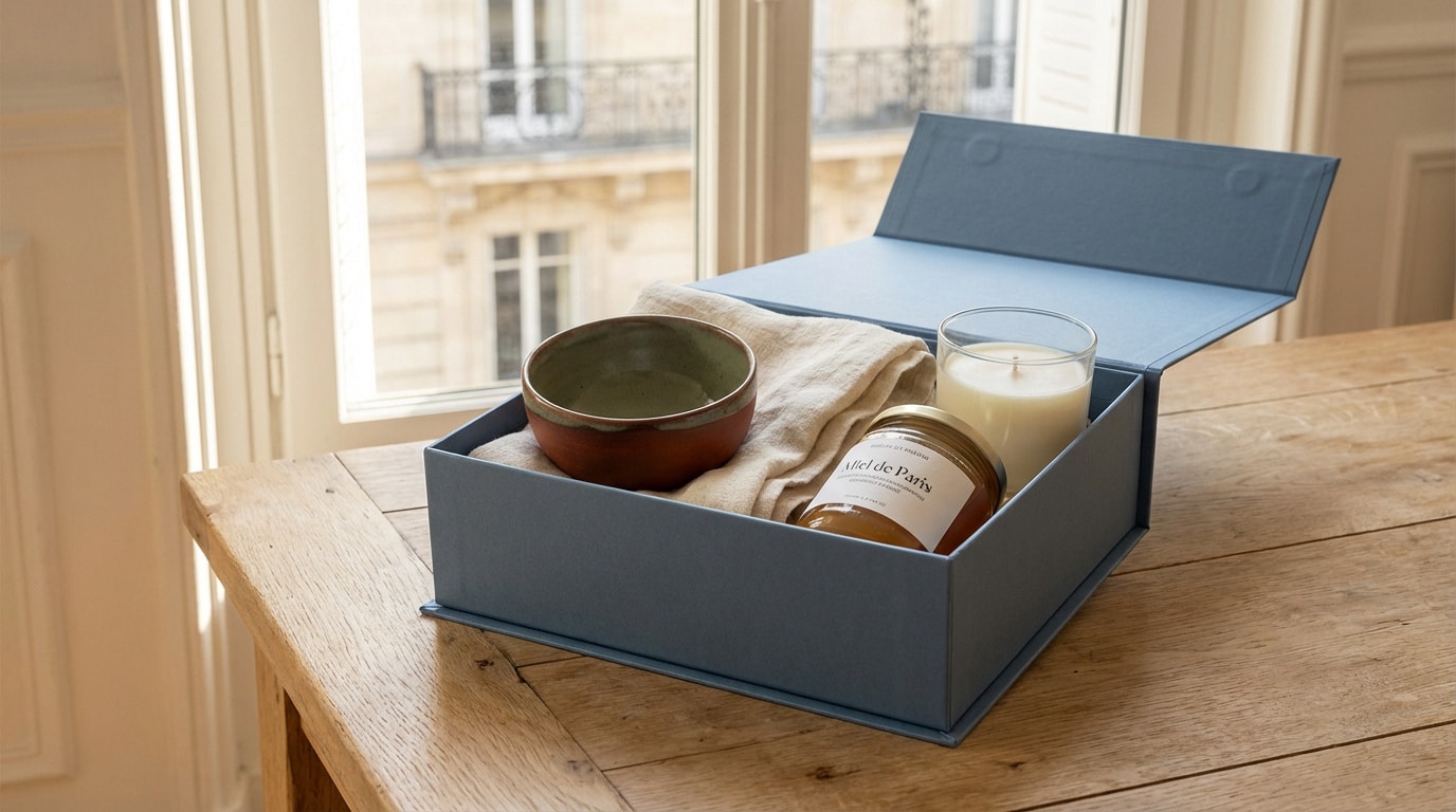 Coffret cadeau artisanal bleu ouvert sur une table en bois, devant une fenêtre avec vue parisienne. Il contient un bol, du miel de Paris, une bougie et un tissu.