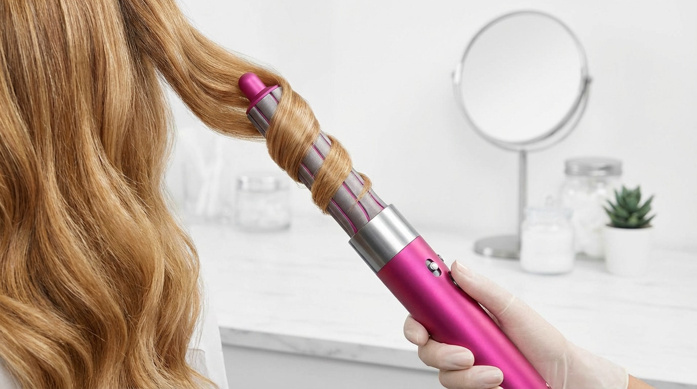 Main gantée utilisant un Dyson Airwrap rose pour boucler une mèche de cheveux blonds. Arrière-plan flou avec miroir et accessoires.