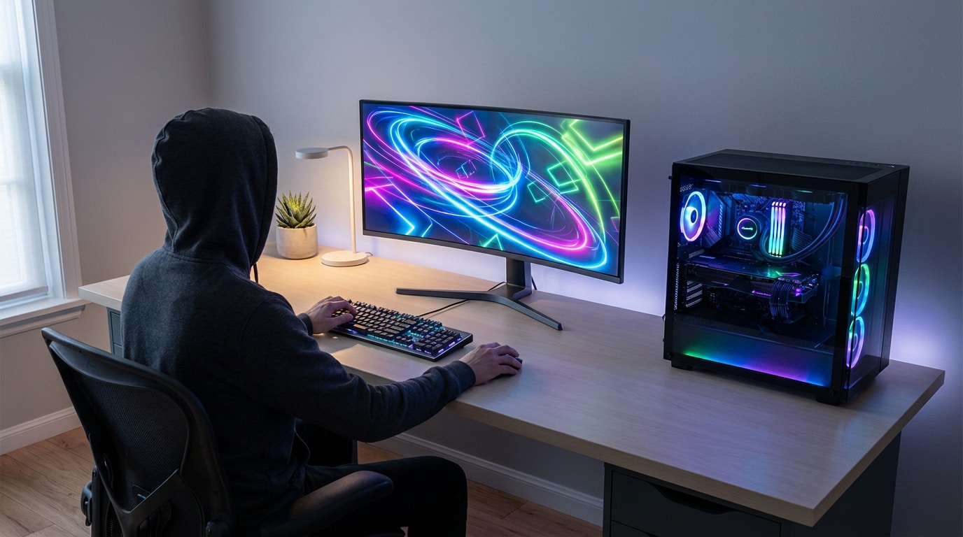 Un gamer encapuchonné devant un setup PC illuminé avec écran, clavier RVB et tour gaming. Lumières néon sur l'écran.