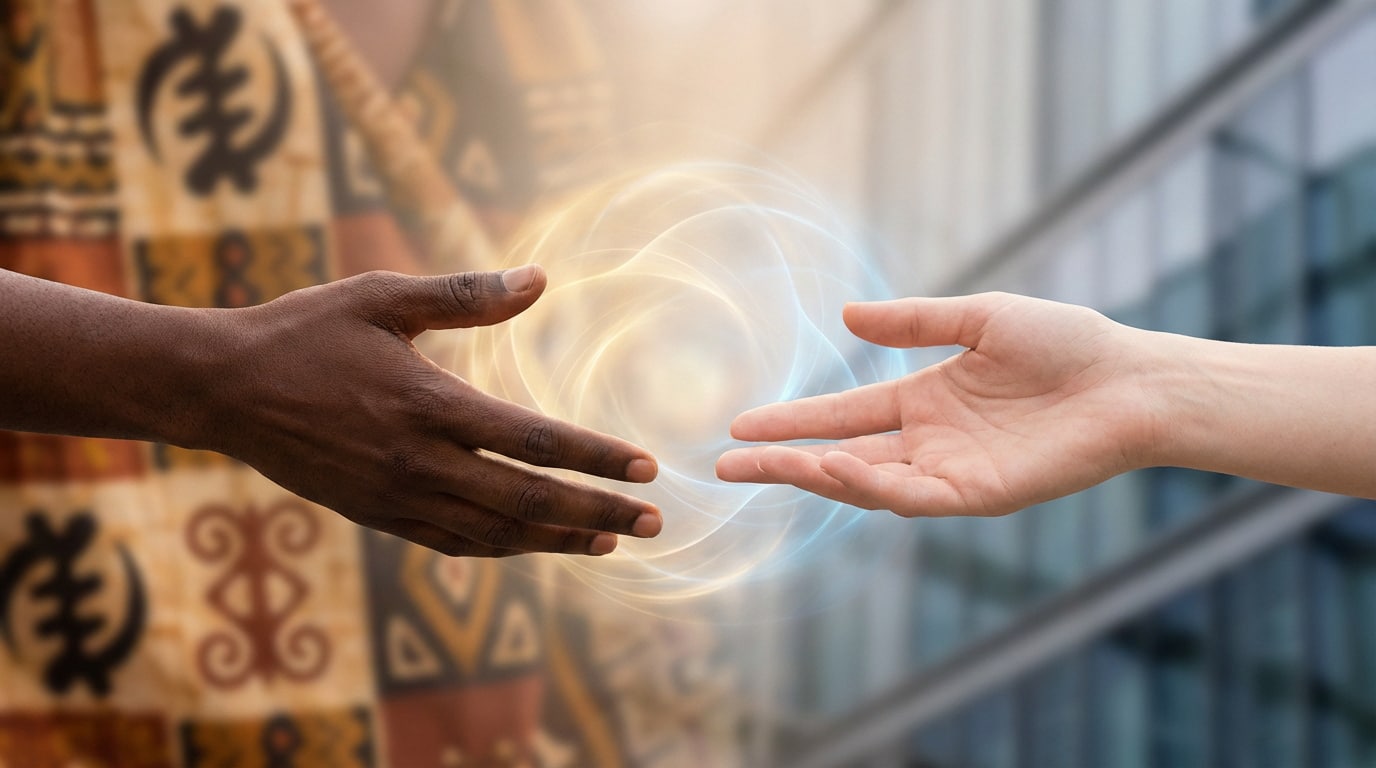 Deux mains tendues l'une vers l'autre, une foncée sur fond de motifs africains, l'autre claire sur fond urbain, unies par une sphère d'énergie.