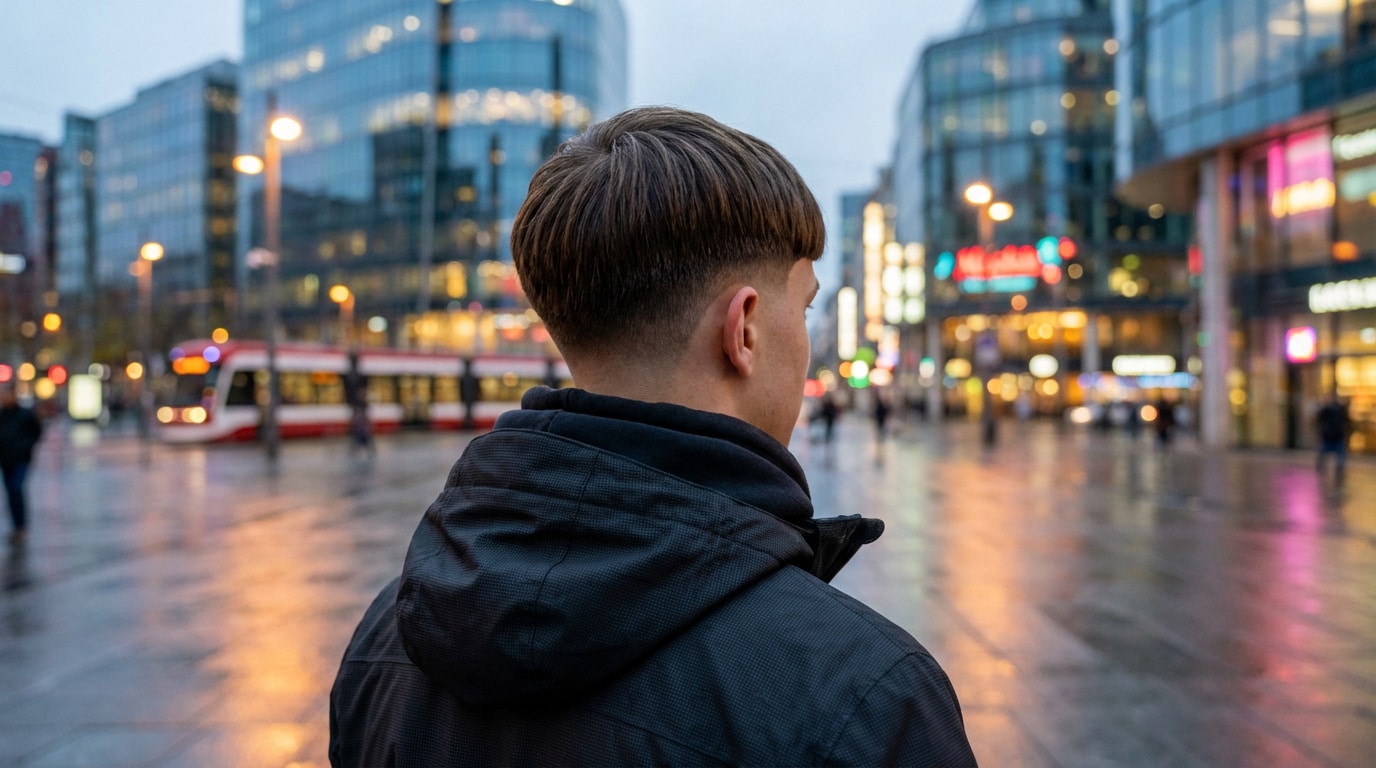 Vue de dos d'une personne avec une coupe casquette distinctive, marchant dans une rue urbaine animée au crépuscule.