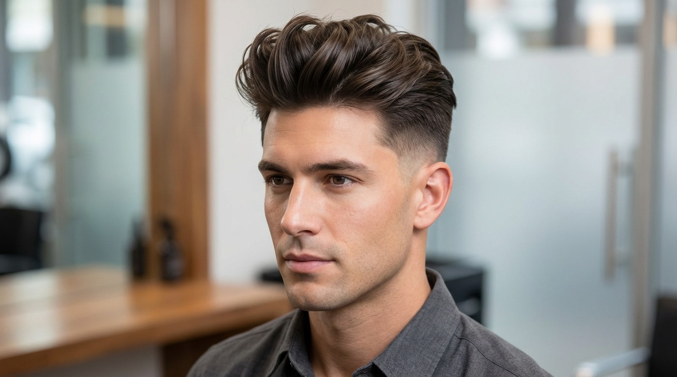 Gros plan sur un homme jeune aux cheveux bruns foncés, coiffé d'un blowout taper avec un dégradé prononcé sur les côtés.