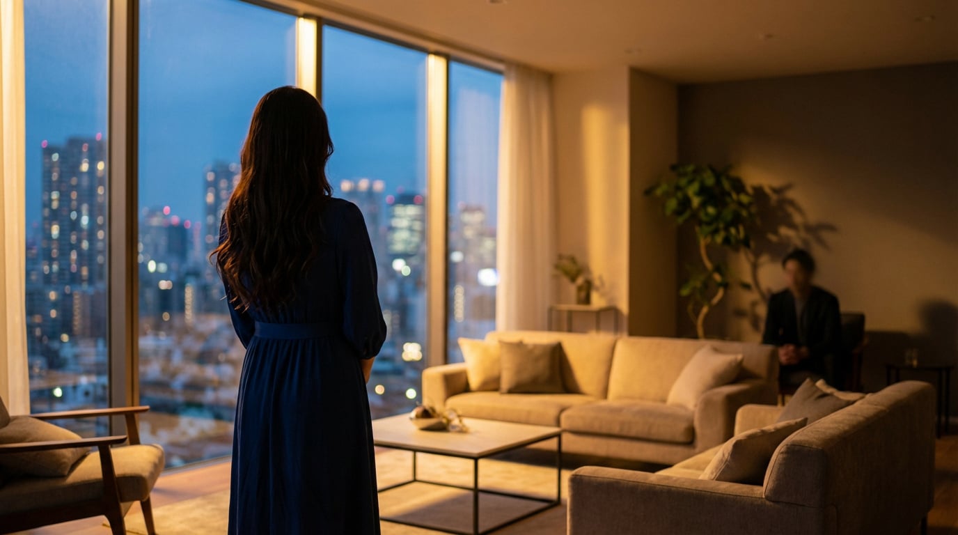 Une femme vue de dos regarde une ville illuminée par la fenêtre. À droite, un homme flou est assis dans un salon moderne.