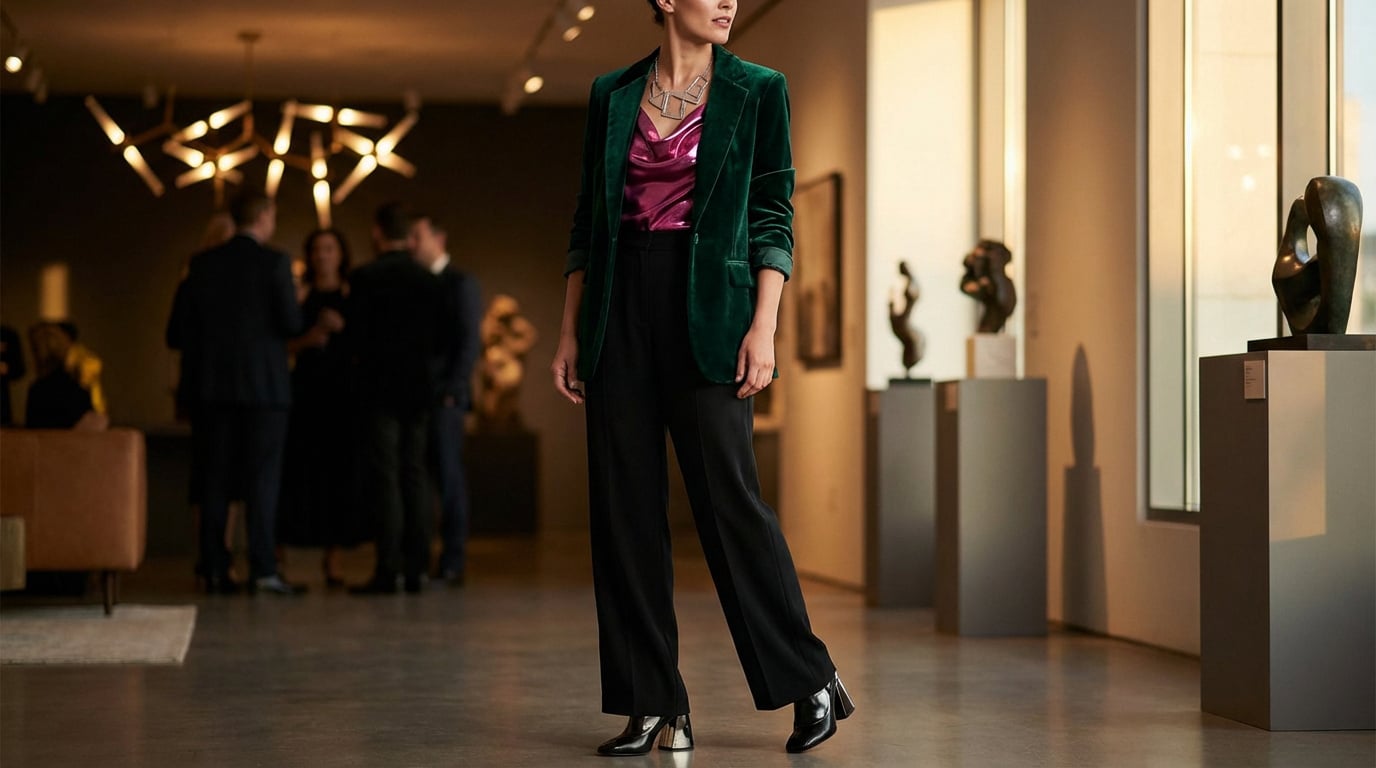 Femme en blazer velours vert émeraude, top fuchsia, pantalon noir et bottines. Elle pose dans une galerie d'art moderne.