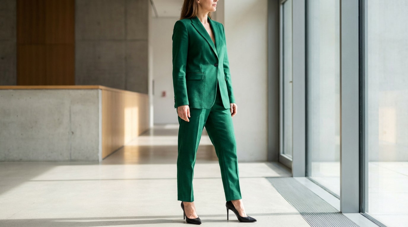 Femme en tailleur pantalon vert foncé et talons noirs, debout, regardant à travers une grande fenêtre dans un espace moderne et lumineux.