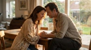 Couple d'âge mûr, fronts se touchant et mains jointes, partageant un moment intime dans une pièce lumineuse avec vue sur jardin.