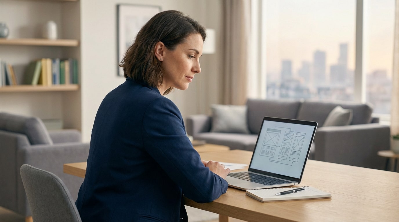 Femme concentrée en blazer devant son laptop affichant des maquettes UI/UX, dans un bureau lumineux avec vue sur la ville.