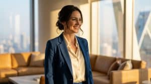 Portrait de Paloma Jiménez souriante en blazer bleu, dans un bureau moderne avec vue sur la ville. Lumière chaude.
