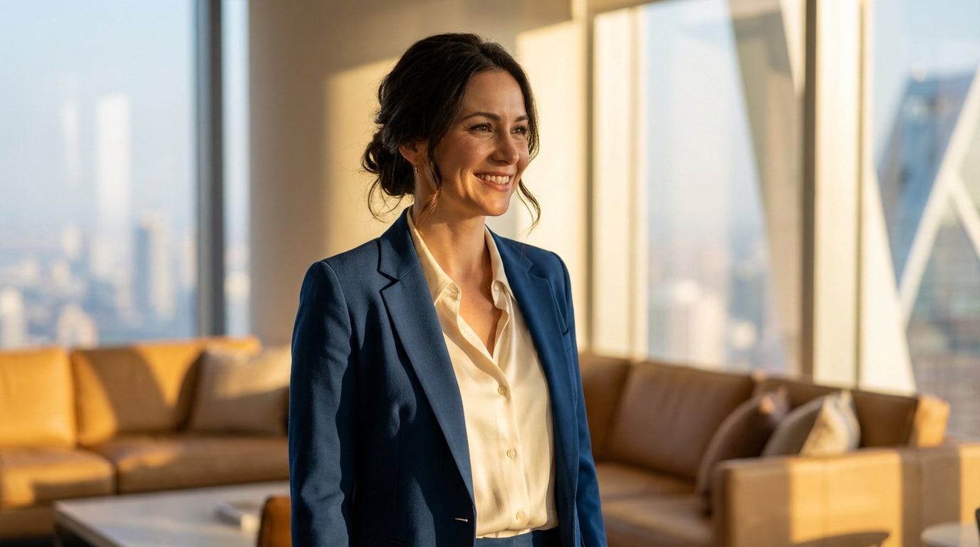 Portrait de Paloma Jiménez souriante en blazer bleu, dans un bureau moderne avec vue sur la ville. Lumière chaude.