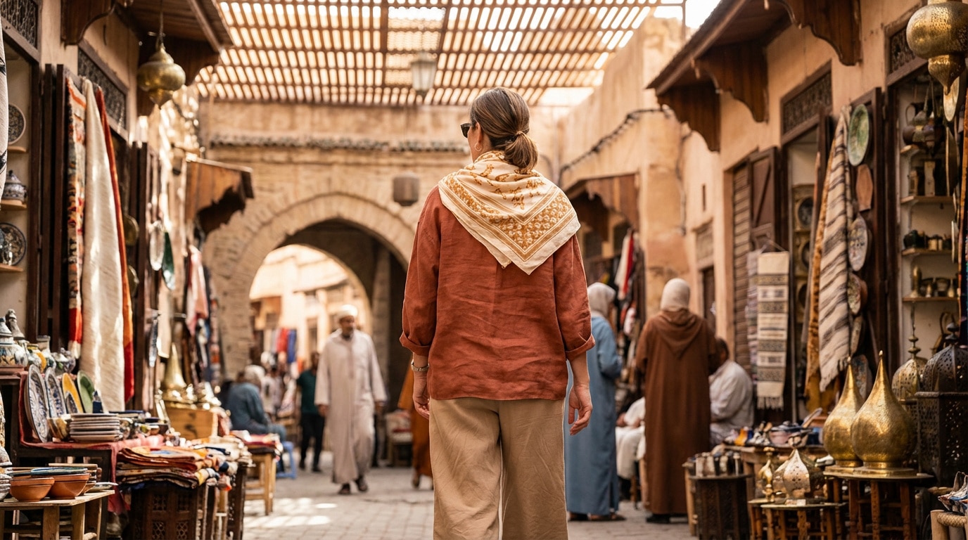 Femme de dos dans un souk marocain, portant un foulard, chemise rouille et pantalon beige, au milieu d'étals colorés.