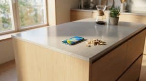 iPhone, tuiles avec la lettre I, cafetière et plante sur un îlot de cuisine moderne en bois clair, près d'une fenêtre.