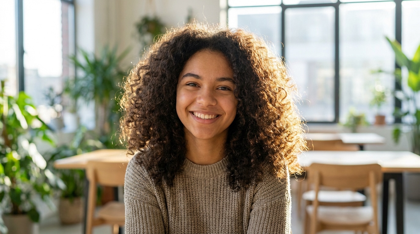 Jeune femme souriante aux cheveux bouclés, éclairés par le soleil. Elle porte un pull gris dans un intérieur lumineux avec des plantes.