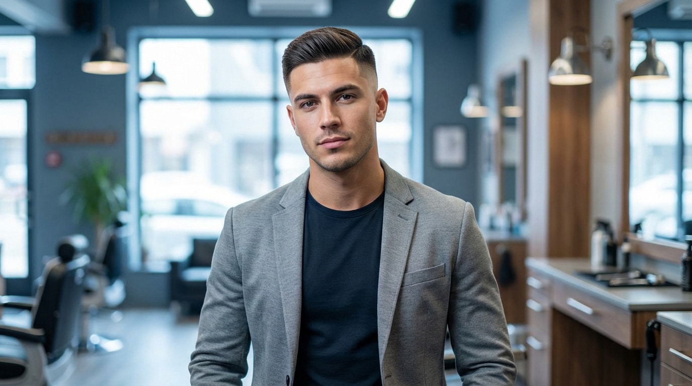 Jeune homme avec une coupe taper bas soignée dans un salon de coiffure moderne. Il porte un blazer gris.