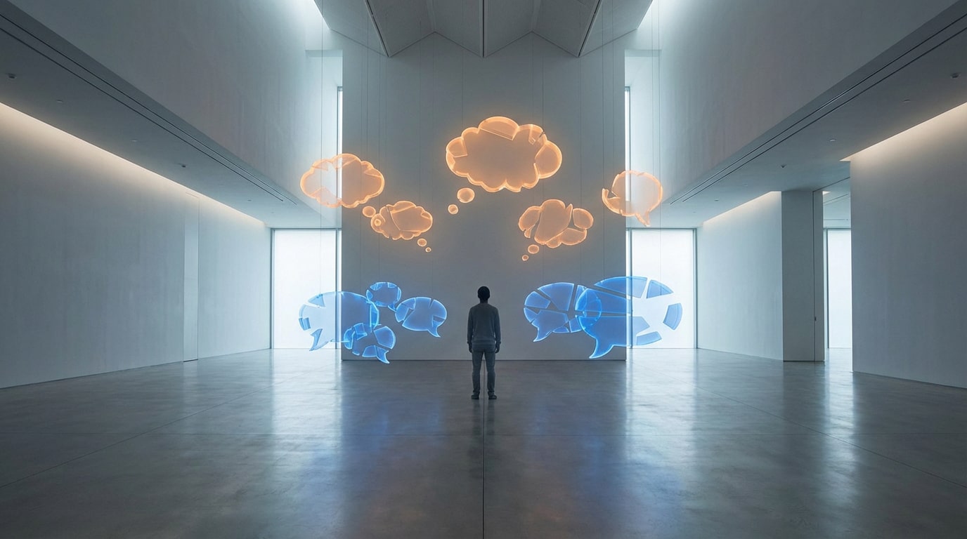 Un homme dans une salle moderne face à des bulles de pensée lumineuses (oranges) et des bulles de dialogue (bleues), la plupart fragmentées.