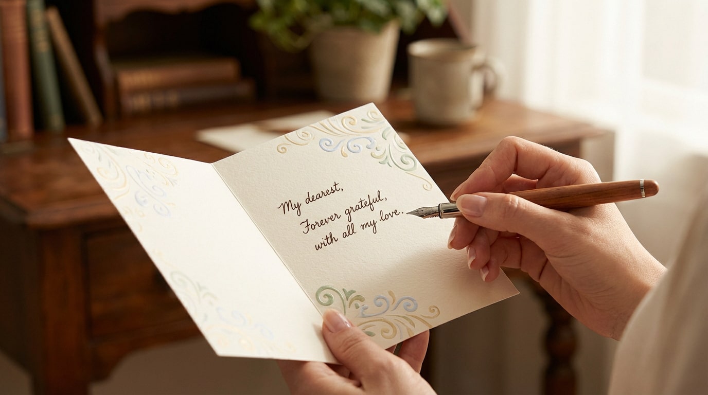 Main féminine écrivant "My dearest, Forever grateful, with all my love" sur une carte de vœux décorée avec un stylo plume.