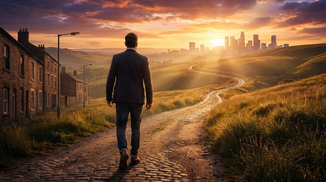 Un homme en costume sur un chemin pavé, quittant un village pour une ville lointaine au soleil levant/couchant, symbolisant un parcours.