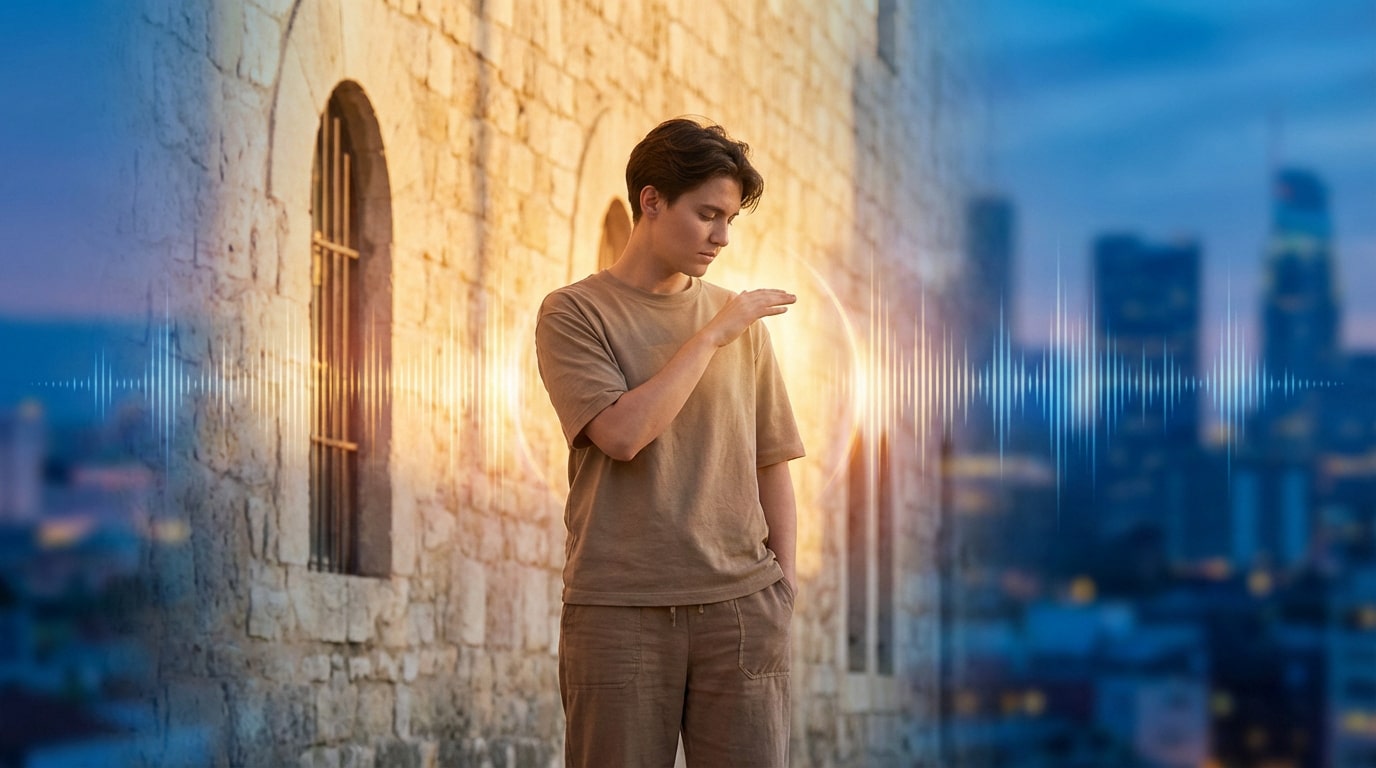 Un jeune homme manipule une onde lumineuse reliant un mur ancien et une ville moderne, symbolisant l'héritage linguistique.