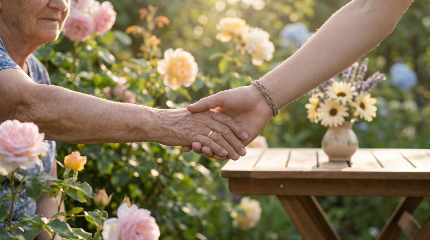 Deux mains, une âgée et une jeune, se tiennent dans un jardin ensoleillé, entourées de roses roses et jaunes.