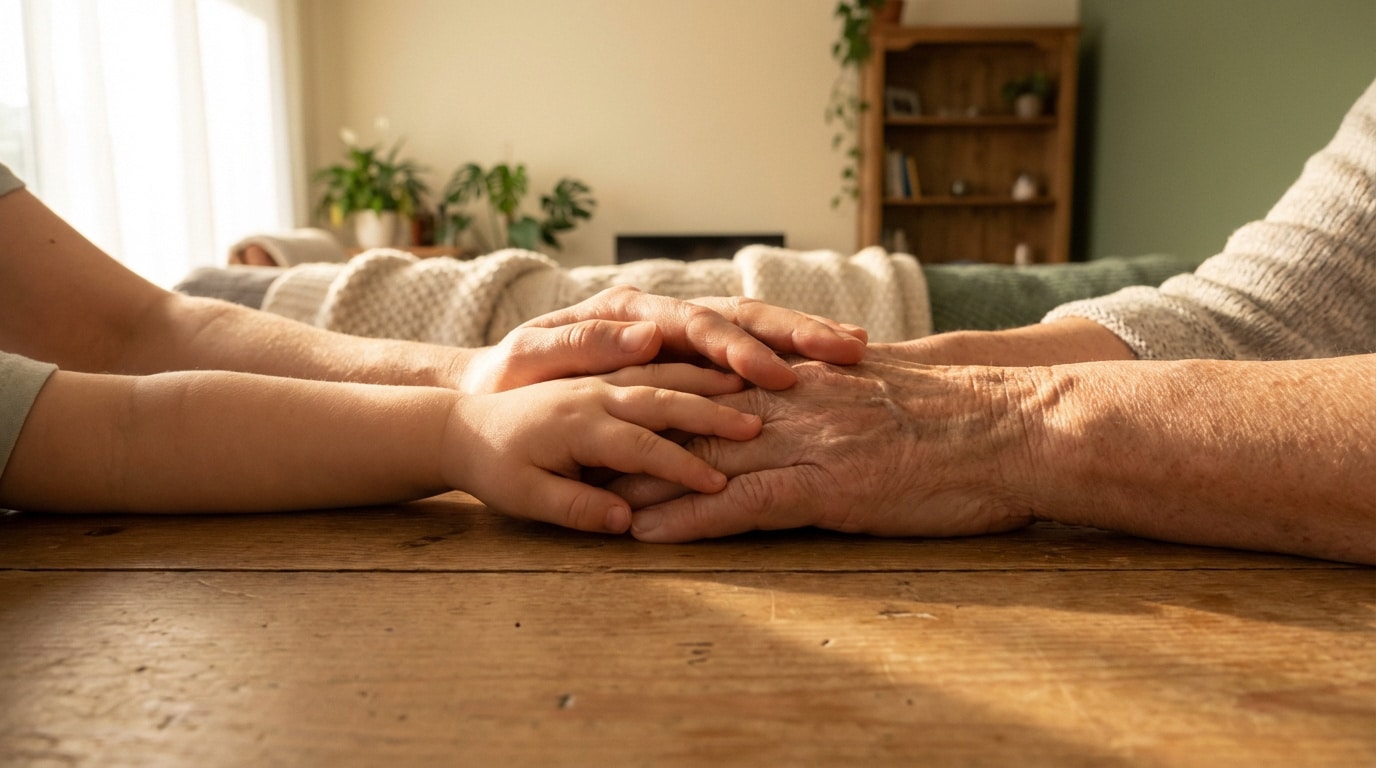 Mains d'enfant, adulte et aîné superposées sur une table en bois. Symbole de liens familiaux et de transmission.