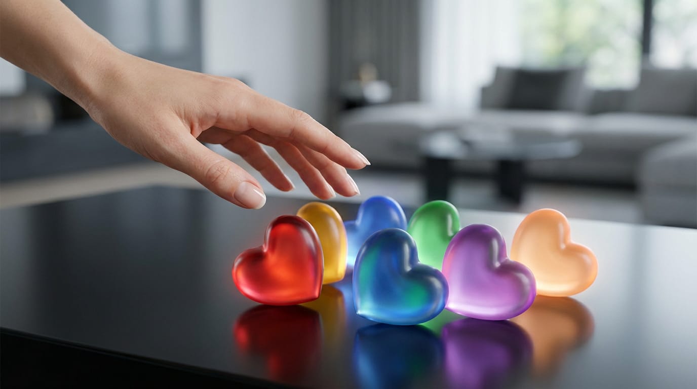 Main d'une personne touchant des cœurs lumineux et transparents de diverses couleurs (rouge, jaune, bleu, vert, violet, orange) sur une surface réfléchissante foncée.