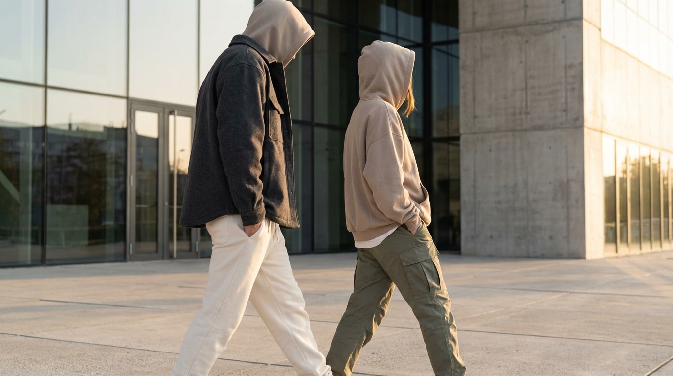 Deux personnes en tenues décontractées (hoodies, pantalons cargo/jogging) marchent devant un bâtiment moderne.