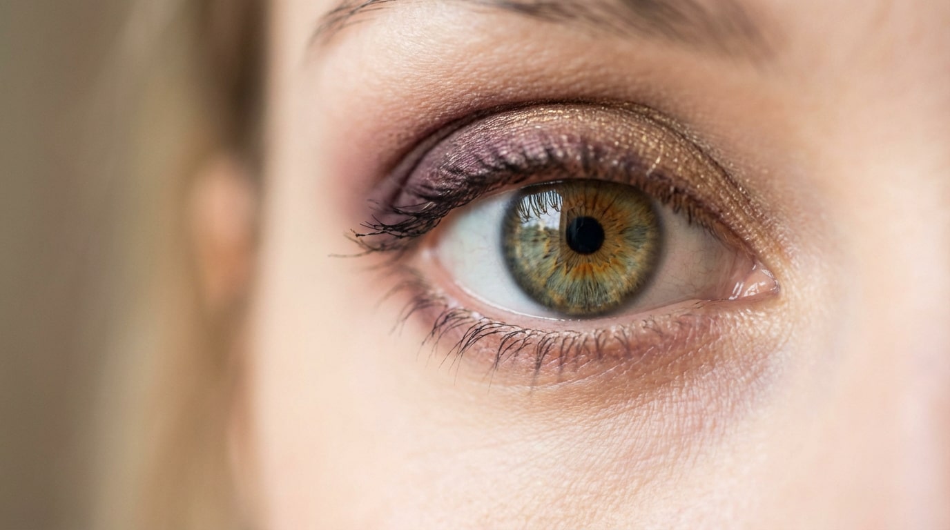 Gros plan détaillé d'un œil noisette aux iris verts et dorés, rehaussé d'un maquillage fard prune et bronze pailleté.