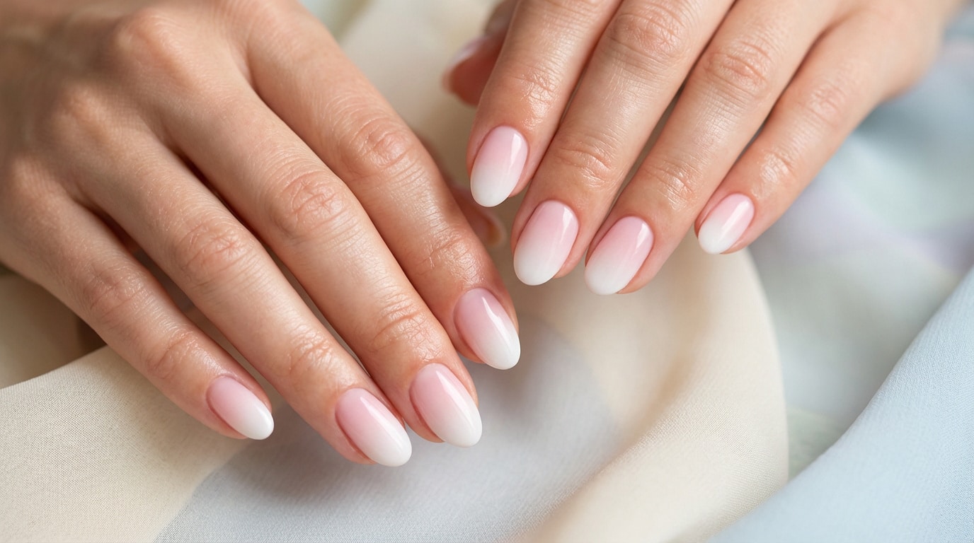 Deux mains aux ongles ovales avec une manucure baby boomer, un dégradé du rose pâle au blanc, sur un tissu clair.