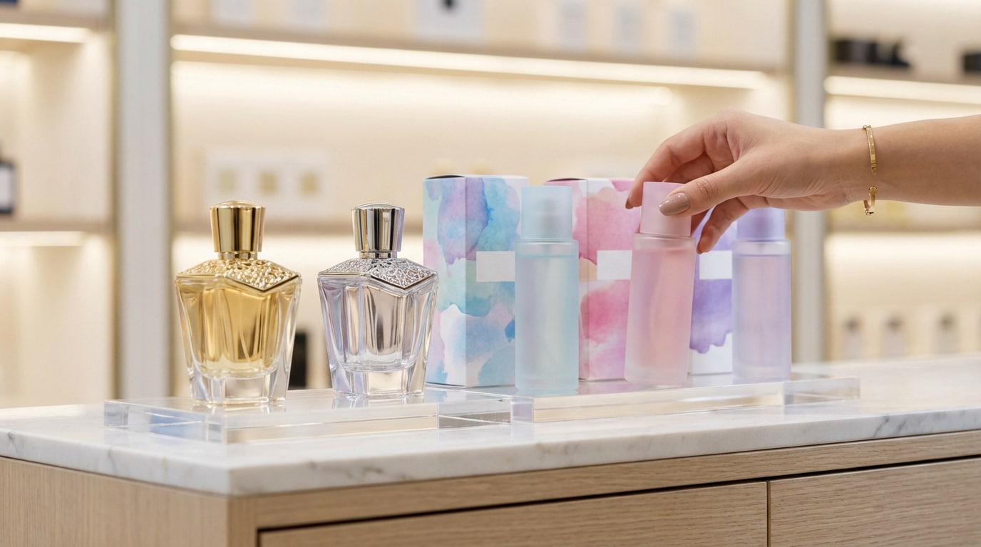 Une main féminine saisit un flacon de parfum rose pastel sur un comptoir de magasin, près de flacons de luxe et de "dupes" colorés.