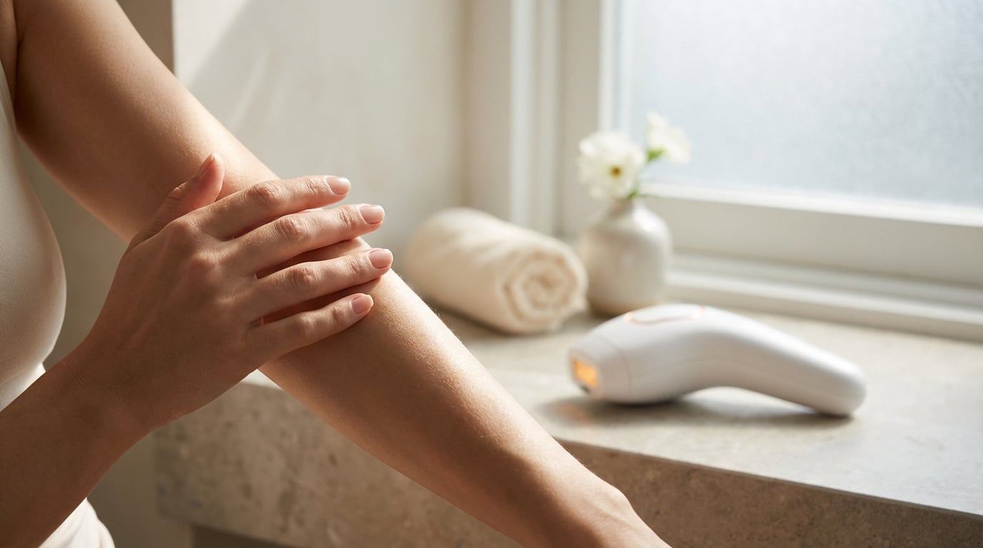 Une personne caresse son bras lisse. En arrière-plan, un épilateur lumière pulsée, une serviette et des fleurs sur un rebord de fenêtre.