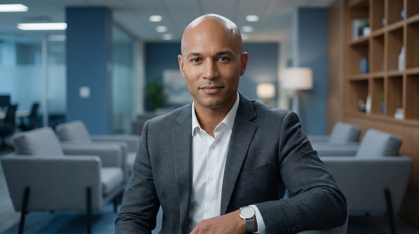 Portrait d'un homme chauve, sans barbe, en costume gris et chemise blanche, souriant. Il est dans un cadre de bureau moderne.